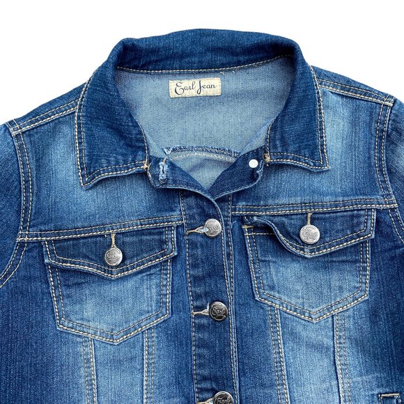 Earl Jean Distressed Faded Denim Trucker Jean Jacket-Gilmore Girls vibe-size S - Picture 5 of 16